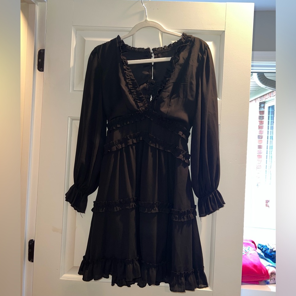 Black Ruffle V-Neck Long Sleeve Dress